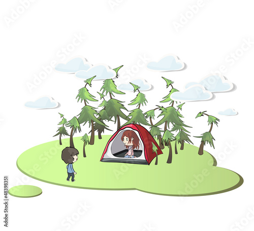 Boyscout in beautiful landscape. Vector design. 