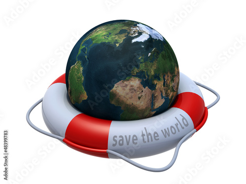 Earth globe in lifebuoy over white