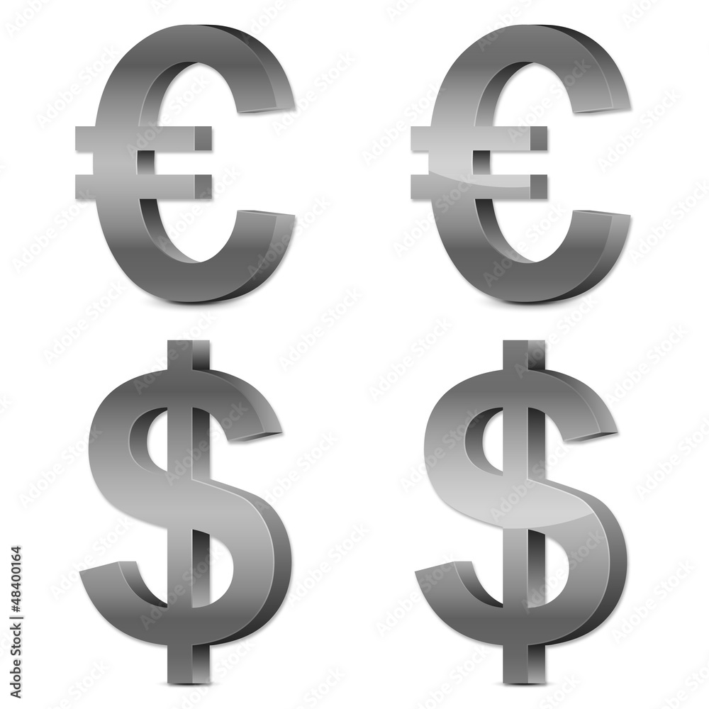 Set of 3d silver glossy Euro & U.S. Dollar icon, symbol Set of 3d silver glossy Euro & U.S. Dollar icon, symbol