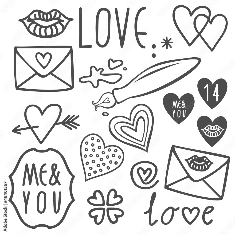 usta serce list miłosny romantyczne elementy rysunkowe - obrazy, fototapety, plakaty 