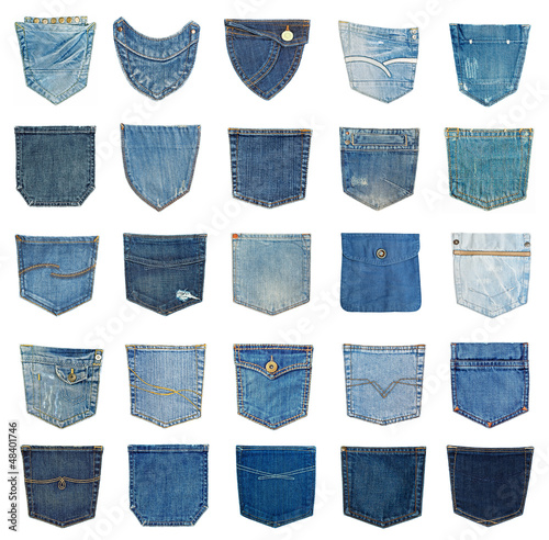 collection of different jeans pocket isolated on white.