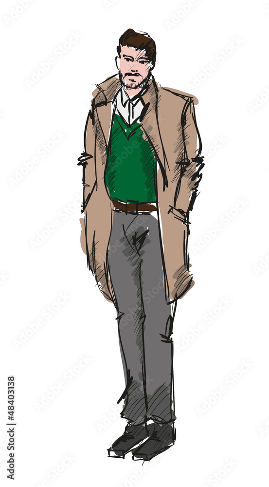 Sketch. Handsome stylish man showcasing street fashion Sketch. Handsome stylish man showcasing street fashion