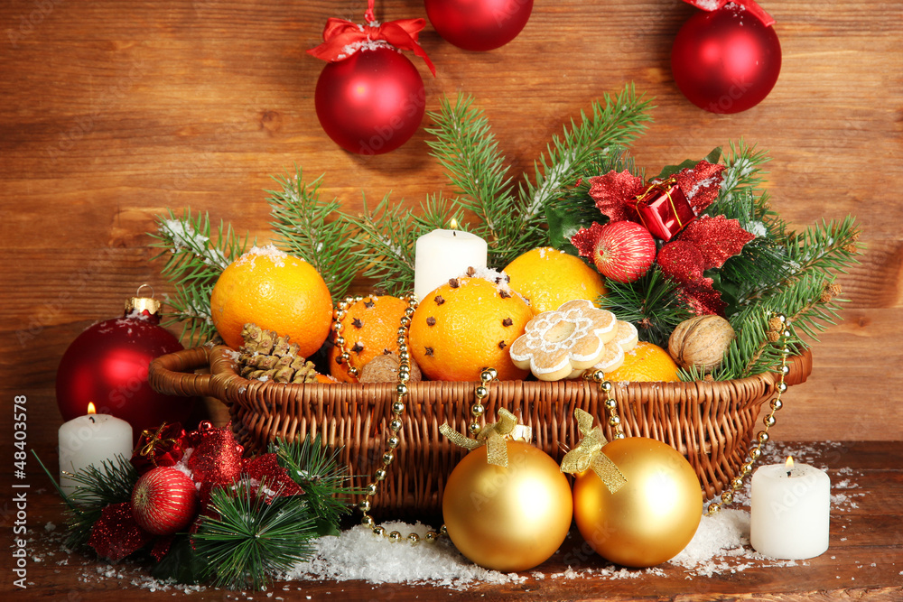 christmas composition in basket with oranges and fir tree, christmas composition in basket with oranges and fir tree,