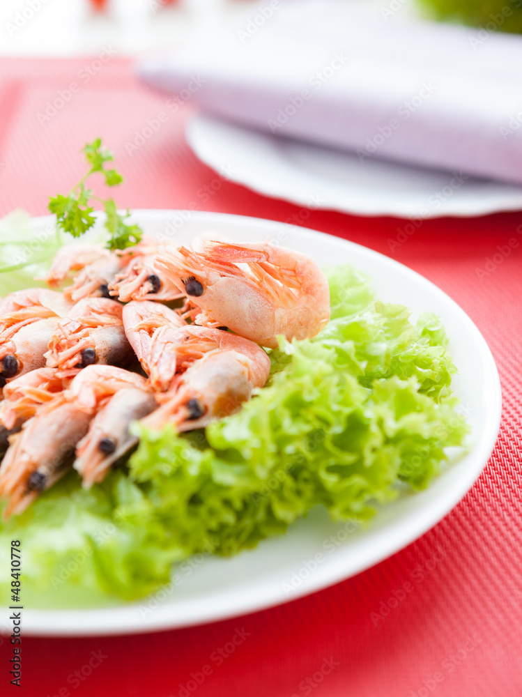 shrimp on lettuce leaves on a white plate shrimp on lettuce leaves on a white plate