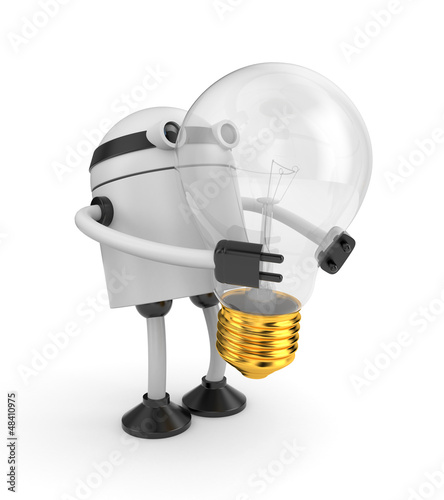 Robot with lightbulb. I have idea metaphor.