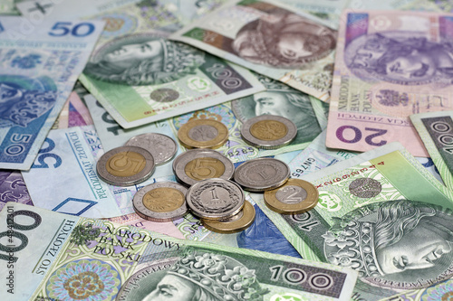 Polish money coins and banknotes background