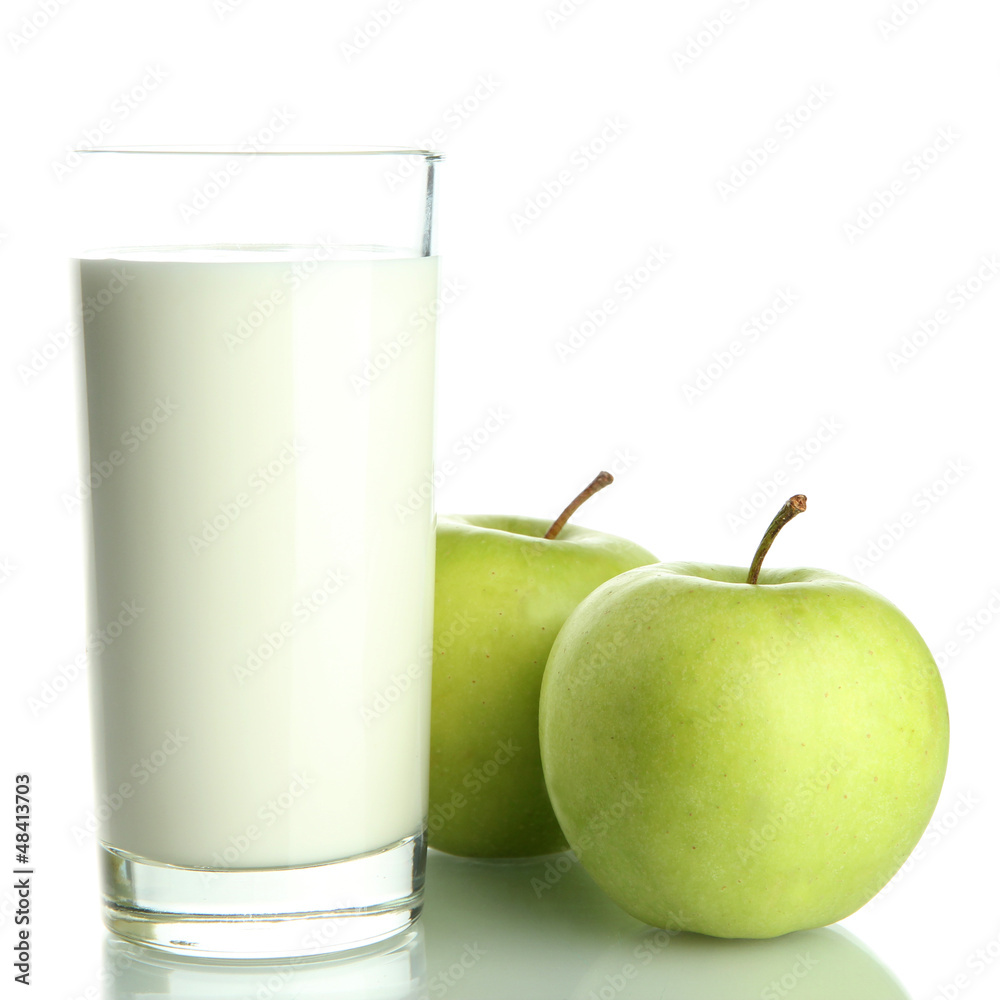 Glass of kefir and green apples, isolated on white Glass of kefir and green apples, isolated on white