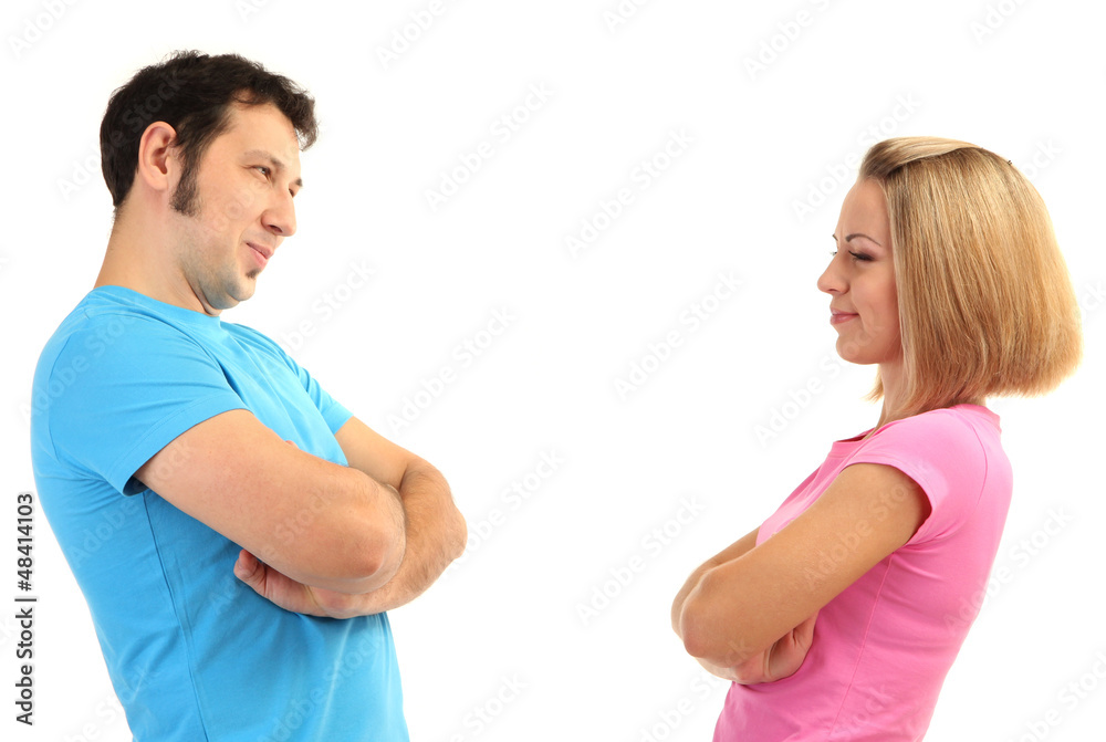 Young couple quarreling isolated on white Young couple quarreling isolated on white