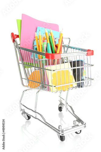trolley with school equipment isolated on white
