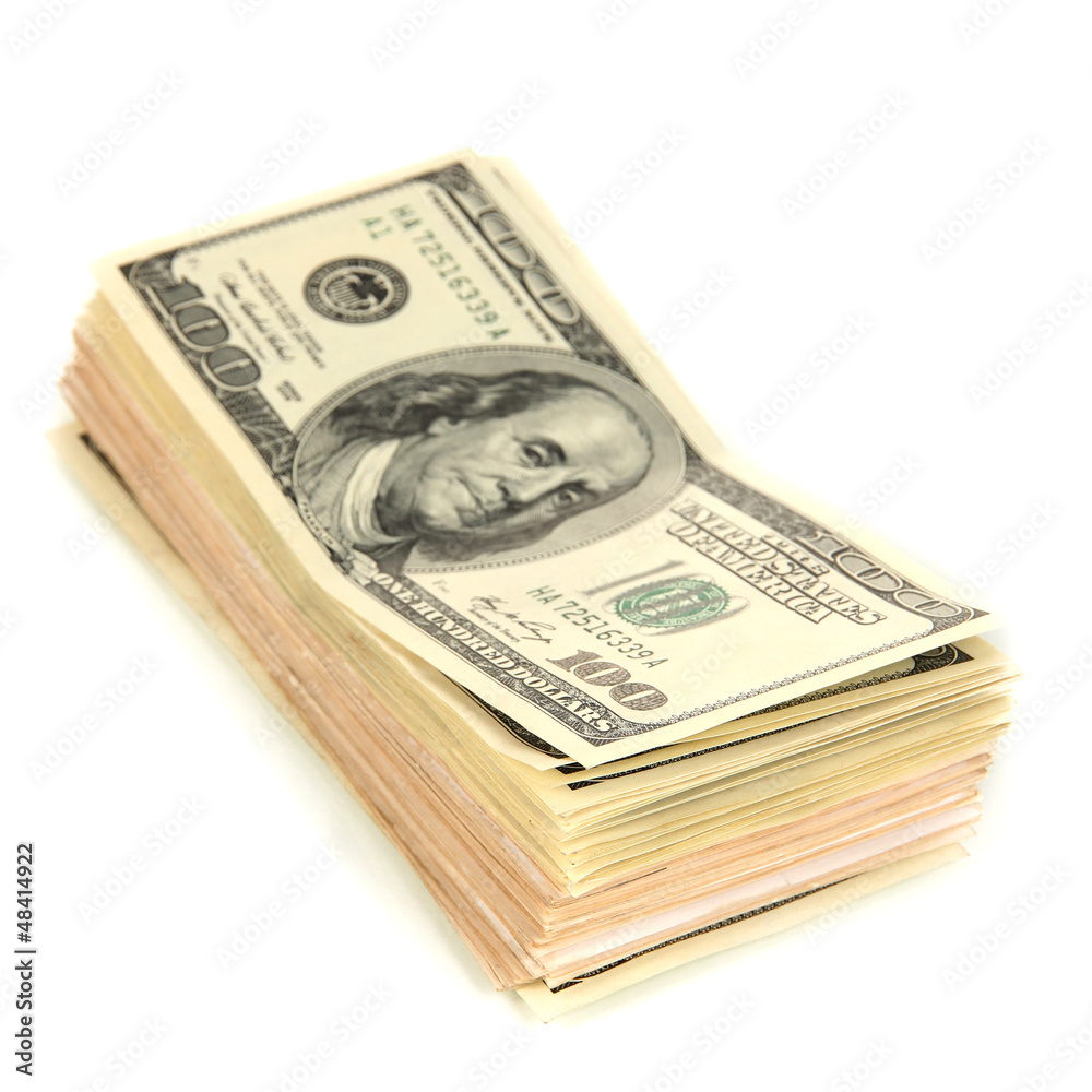Stack of one hundred dollars banknotes close-up isolated Stack of one hundred dollars banknotes close-up isolated