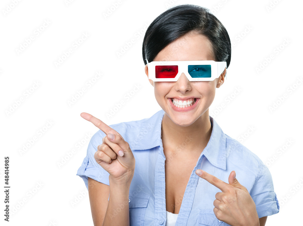 Pointing with forefingers girl in 3D glasses, isolated on white Pointing with forefingers girl in 3D glasses, isolated on white