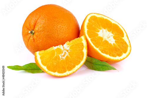 fresh orange with leaves isolated on white