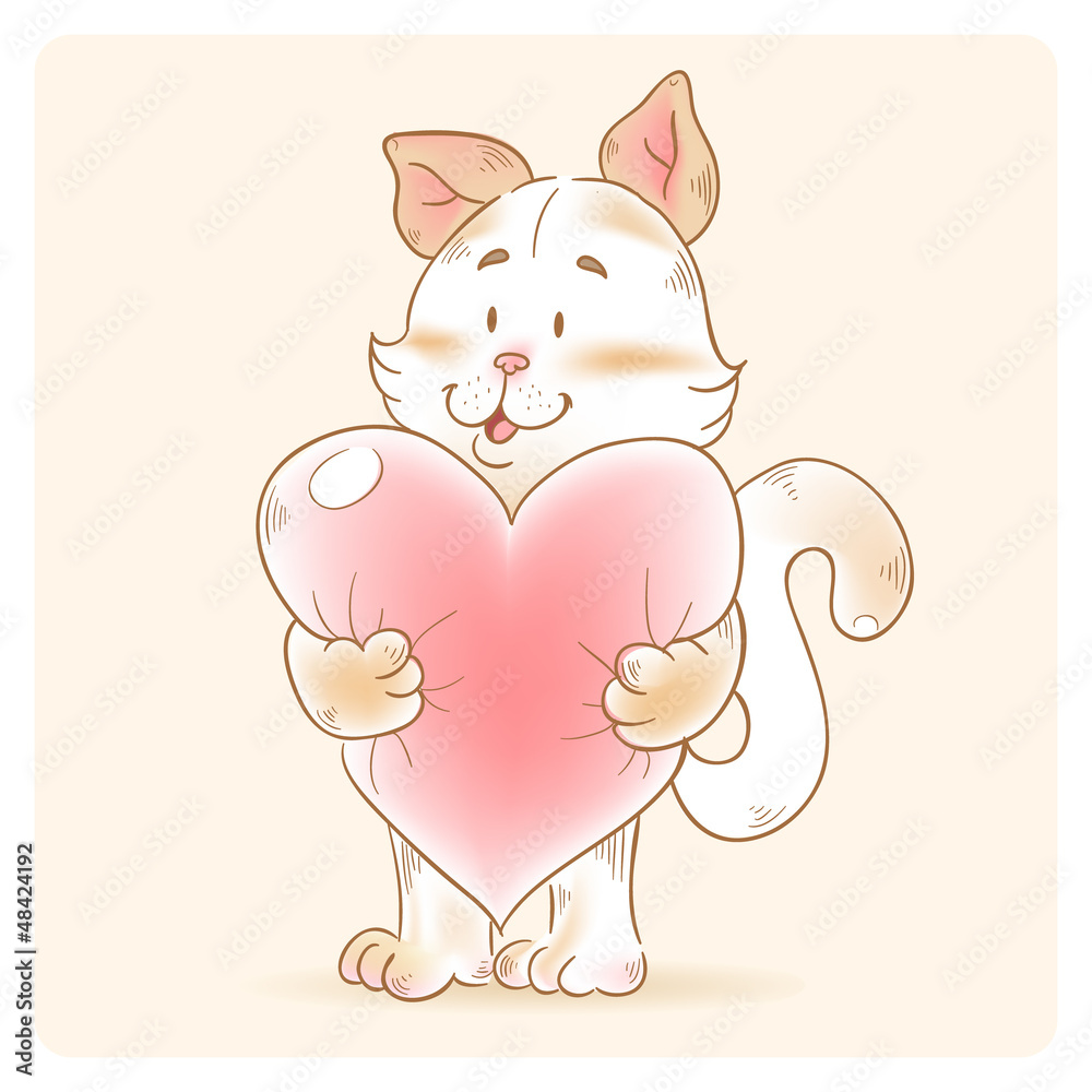 Cute love card with smiling toy cat holding heart