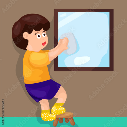 boy wiping mirror