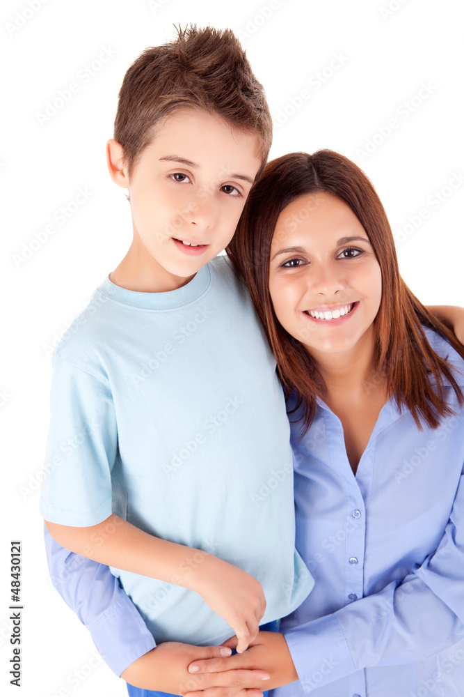 Happy mother with her child over white background