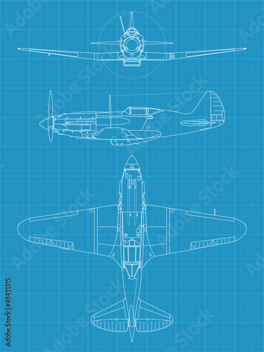 Detailed vector old military airplane on blueprint paper