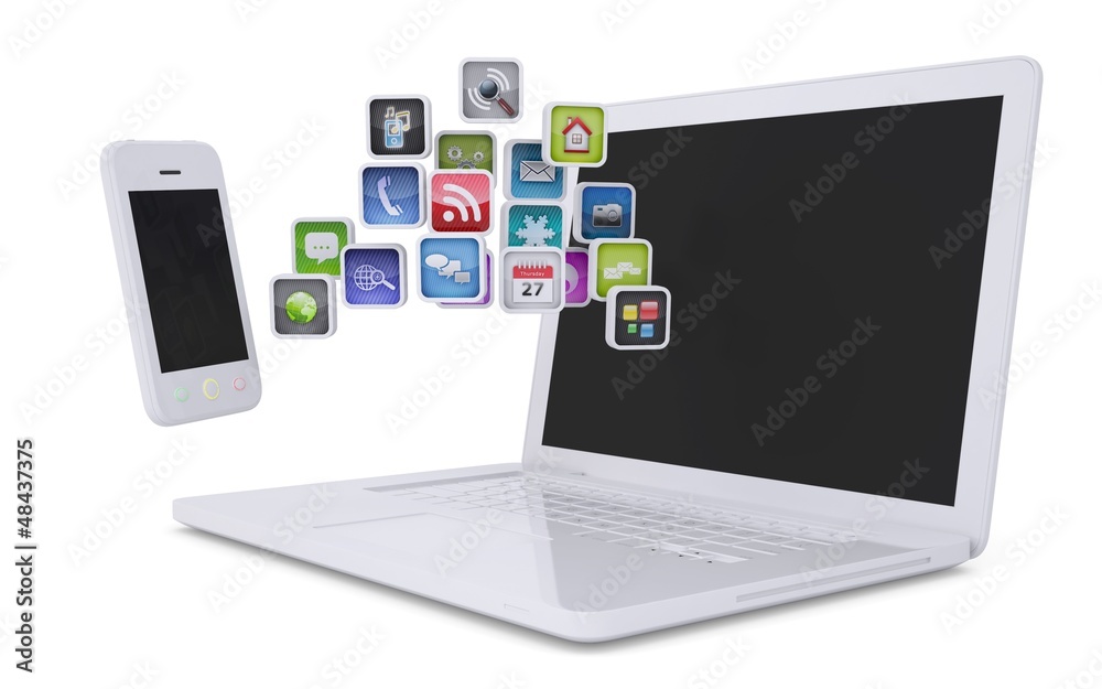 White laptop and smartphone communicate