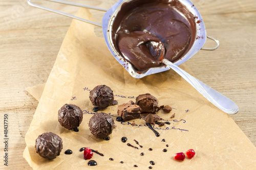 Tasy homemade chocolate in a bowl, close up