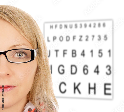 Woman with glasses and eye test panel
