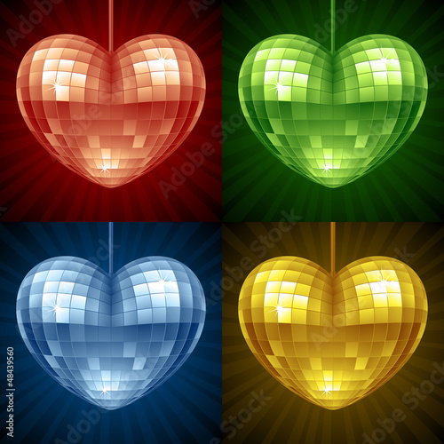 Disco Heart set. Vector mirror disco ball in the shape of heart