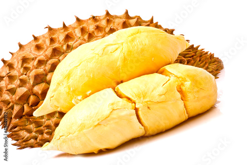 freshness of Durian flesh on white background photo