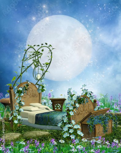 Zaczarowana łąka z łóżkiem na tle księżyca