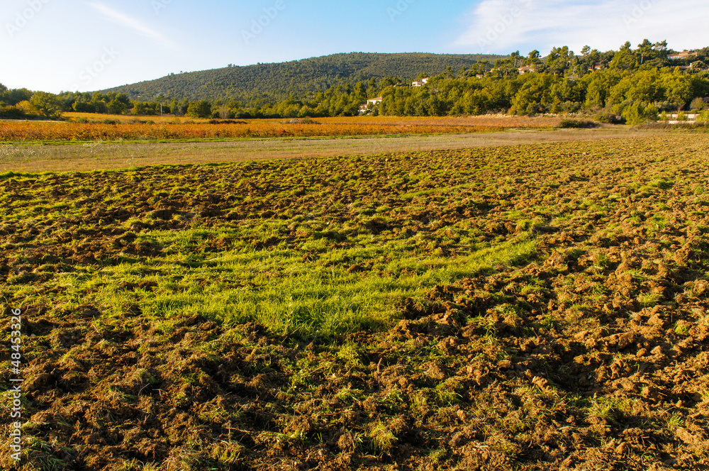 A plowed field in Provence, in Gareoult near Brignoles in France, at sunset. A plowed field in Provence, in Gareoult near Brignoles in France, at sunset.