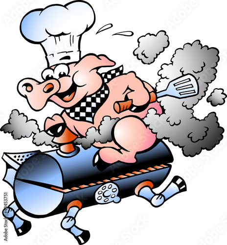 Vector illustration of an Chef  Pig riding an BBQ barrel photo
