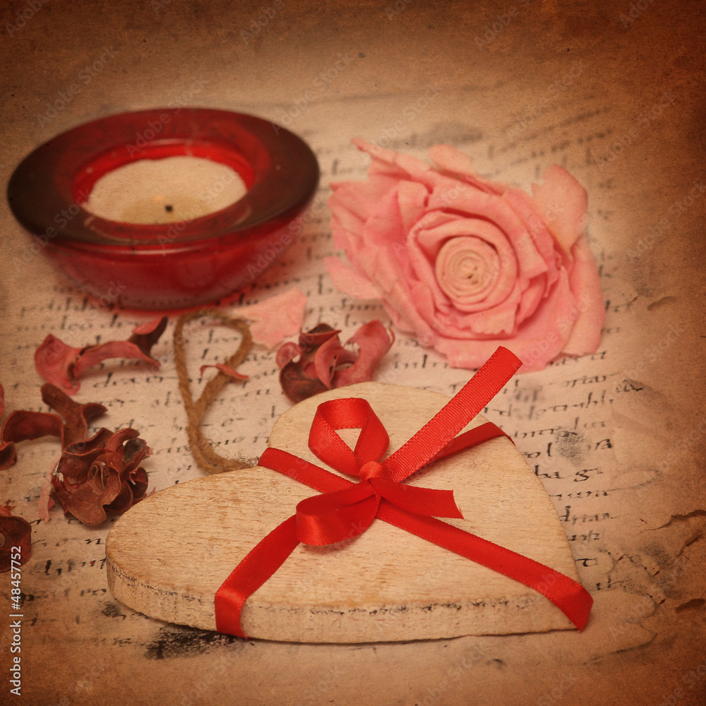 vintage rose and heart on old letter