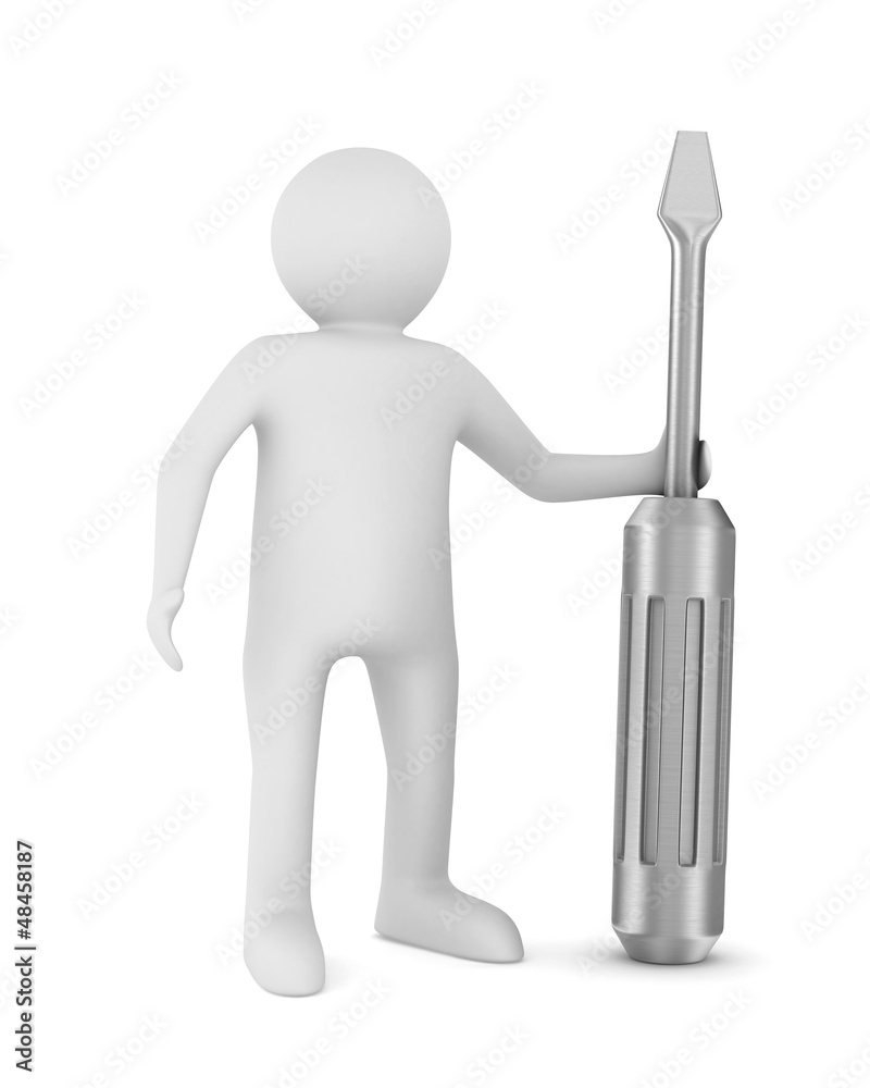 Man and screwdriver on white background. Isolated 3D image Man and screwdriver on white background. Isolated 3D image