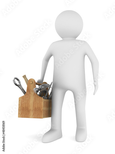Man with wooden toolbox. Is...