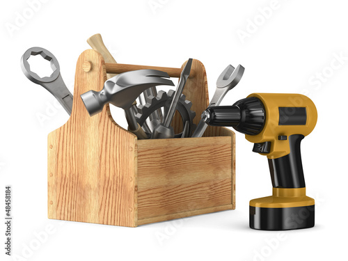 Wooden toolbox with tools. ...
