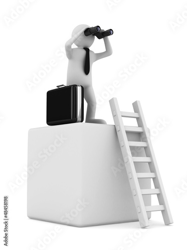 man on box and staircase. I...
