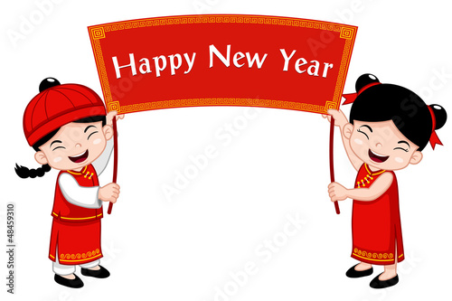 Chinese Kids with Happy New Year sign
