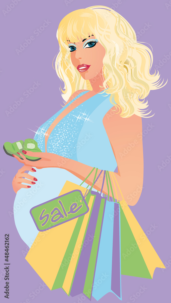 Beautiful pregnant woman  with baby socks, vector