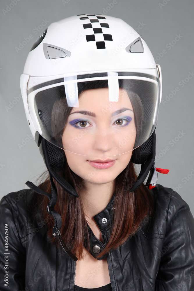 Woman in helmet on head Woman in helmet on head