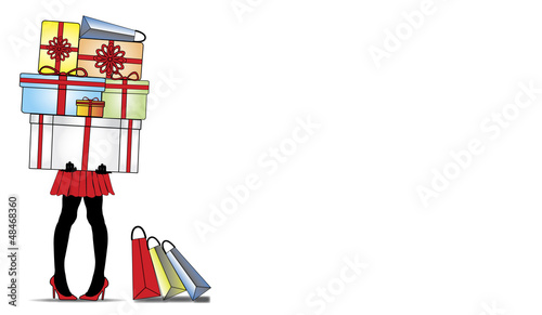 lady standing with gift boxes & shopping bags - big sale