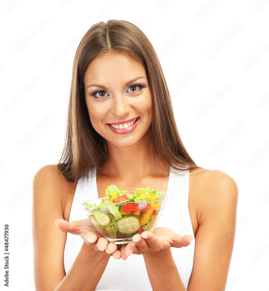 beautiful young woman with salad, isolated on white beautiful young woman with salad, isolated on white