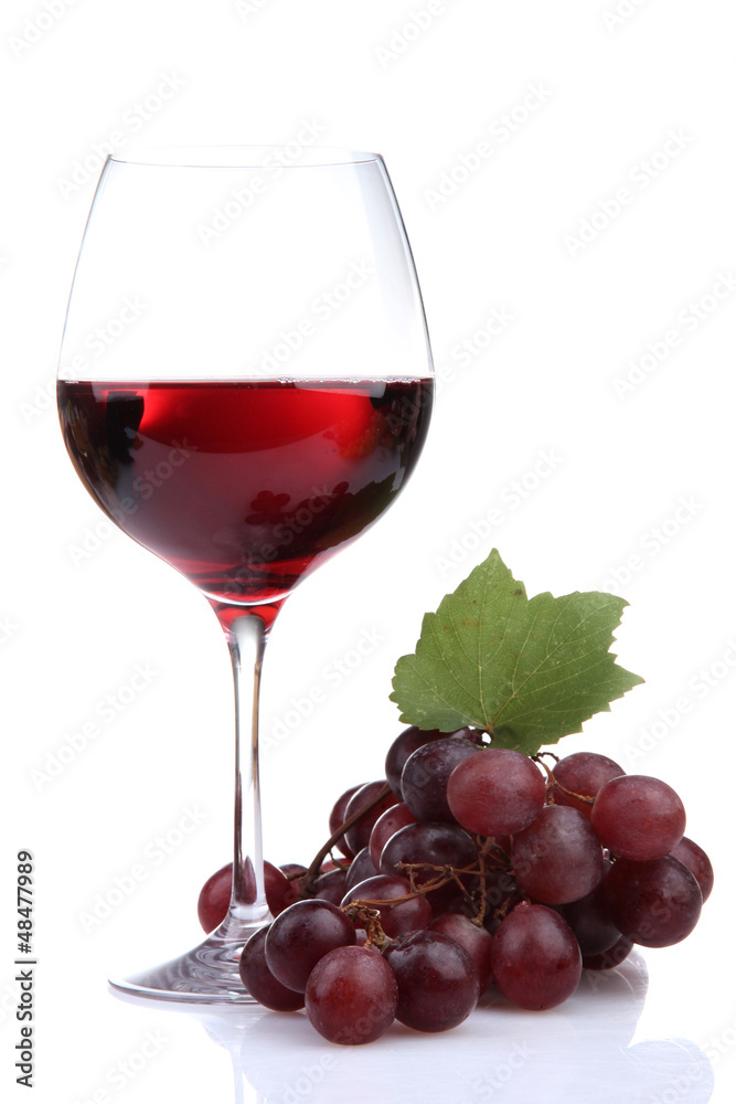 glass of wine and grapes, isolated on white glass of wine and grapes, isolated on white