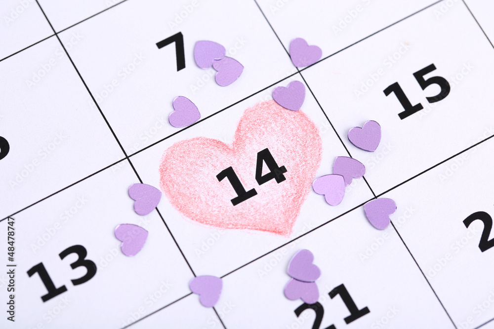 Notes on the calendar (valentines day), close-up Notes on the calendar (valentines day), close-up