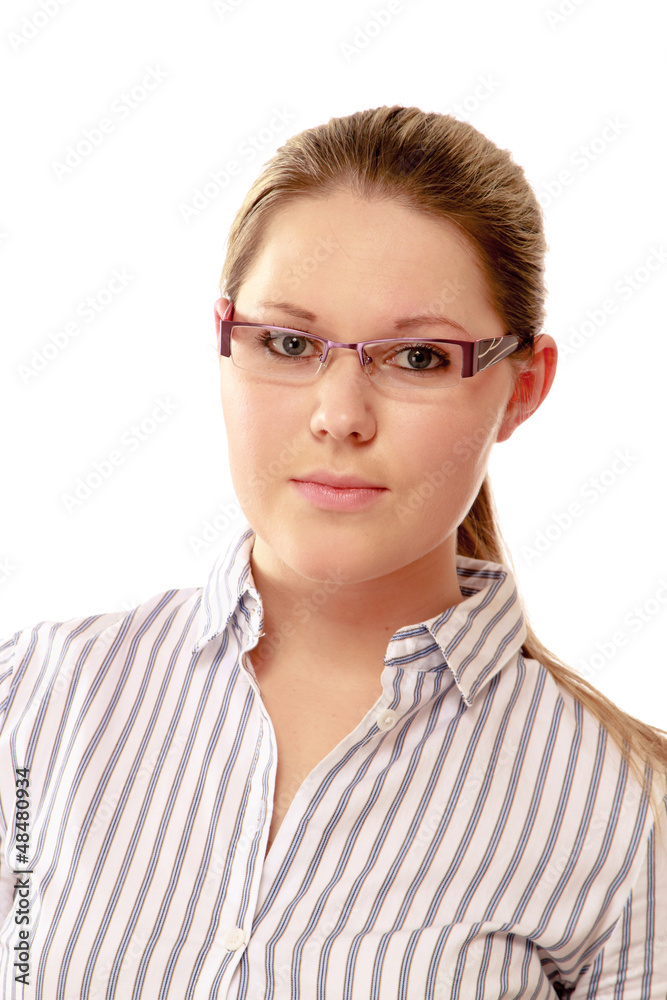A young woman wearing glasses