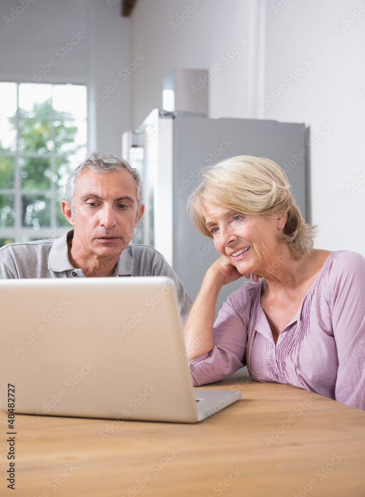 Focused couple using a laptop together Focused couple using a laptop together
