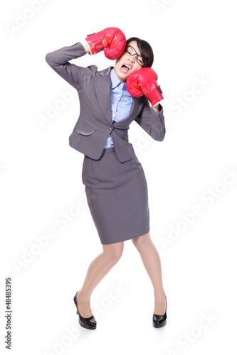 business woman boxing and knock down itself