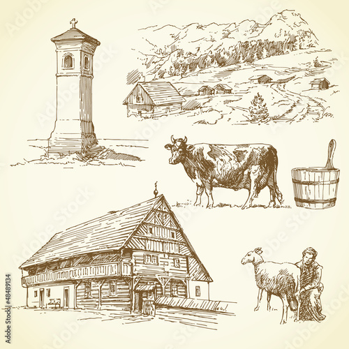 rural landscape, agriculture - hand drawn collection