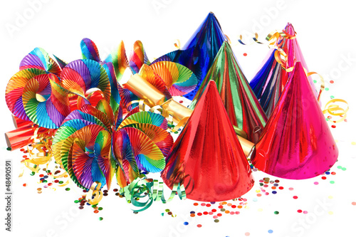 colorful carnival garlands, streamer, party hats and confetti