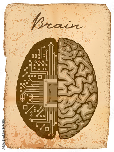 Old manuscript with illustration of Electronic brain.