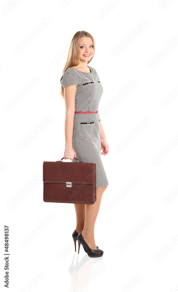 portrait of young business woman holding briefcase in hand portrait of young business woman holding briefcase in hand