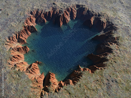 Fotografija heart-shaped crater with a lake inside