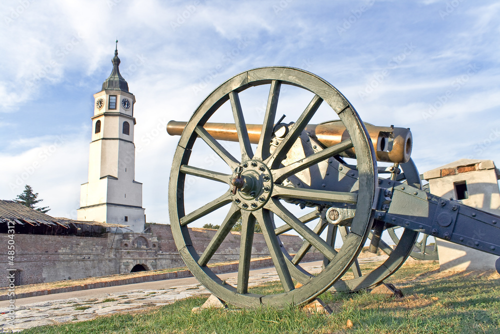 Old cannons on fortress and tower over blue sky