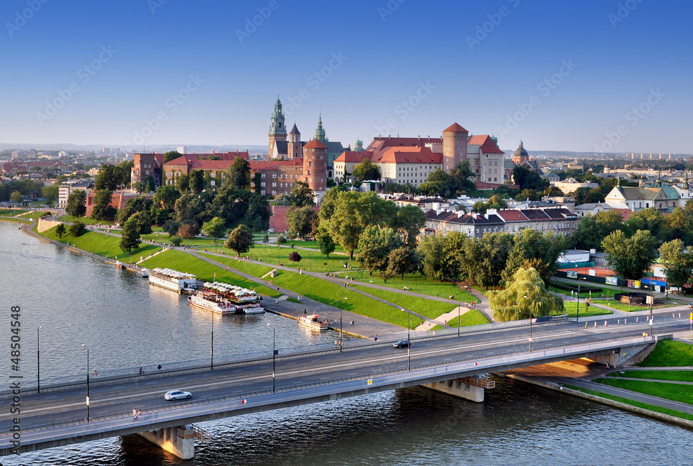 Naklejka premium Wawel Castle, Vistula river and bridge in Krakow, Poland